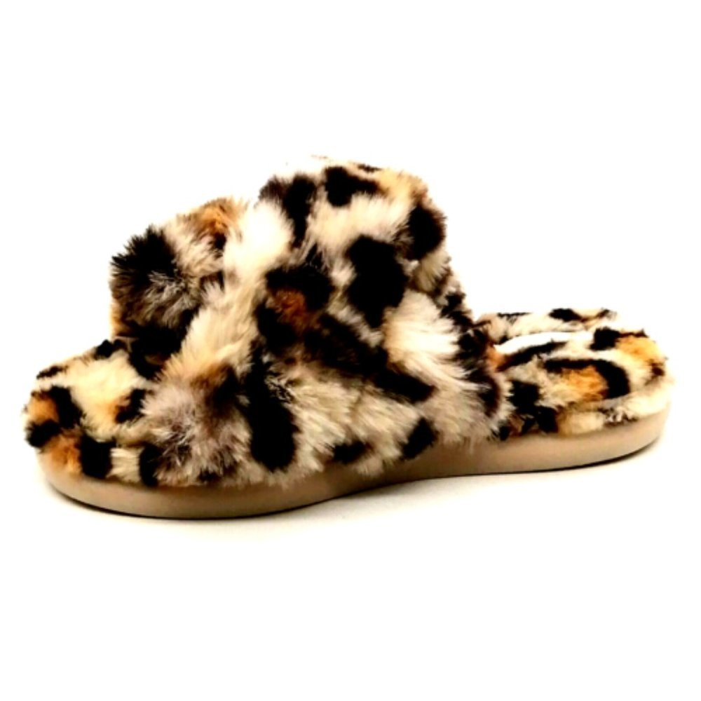 Halluci Womens Cross Strap Slide Slipper Brown Leopard Print Faux Fur EUR‎ 40-41